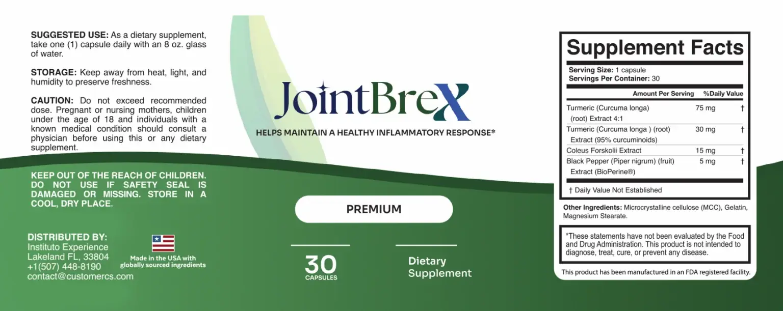 The full JointBrex product label showing suggested use, cautions and Supplement Facts panel